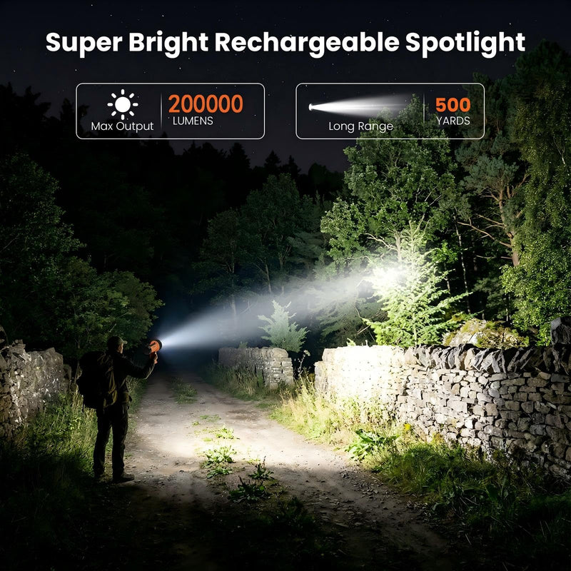YIERBLUE Rechargeable Spotlight,Handheld Rechargeable Flashlight 200,000 Lumens LED, IP67 Waterproof 12 Hours Running for Boating, Camping, Hunting Orange
