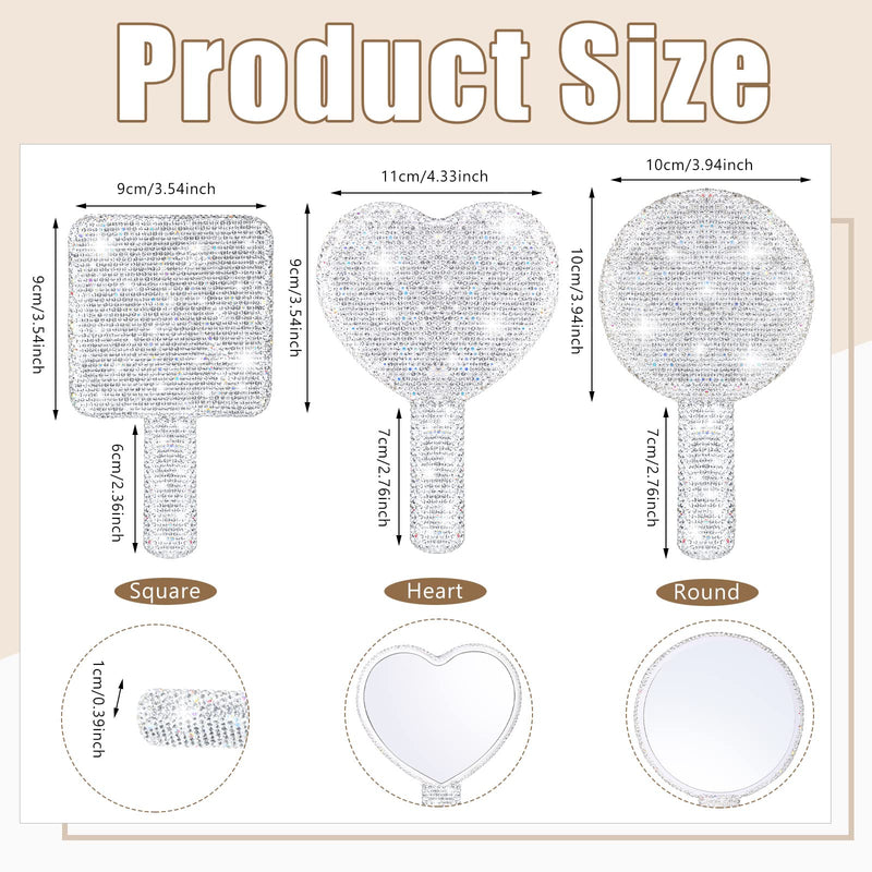 Bucherry 3 Pcs Rhinestone Hand Mirror Heart Shaped Bling Dazzling Hand Held Square Round Shape White Cosmetic Portable Decorative Personal Makeup Mirrors for Women Wedding Gift