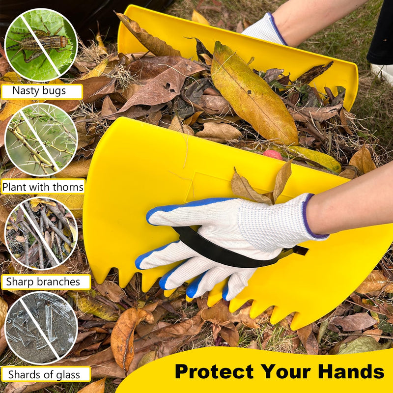 2 Sets Leaf Scoops Hand Rakes, Leaf Scoops and Claws with 2 Pairs Gloves, Lightweight Plastic Leaf Scoop, Large Leaf Grabbers for Picking Up Leaves, Clippings, Grass(2 Sets,Yellow+Green) 2 Sets,Yellow+Green