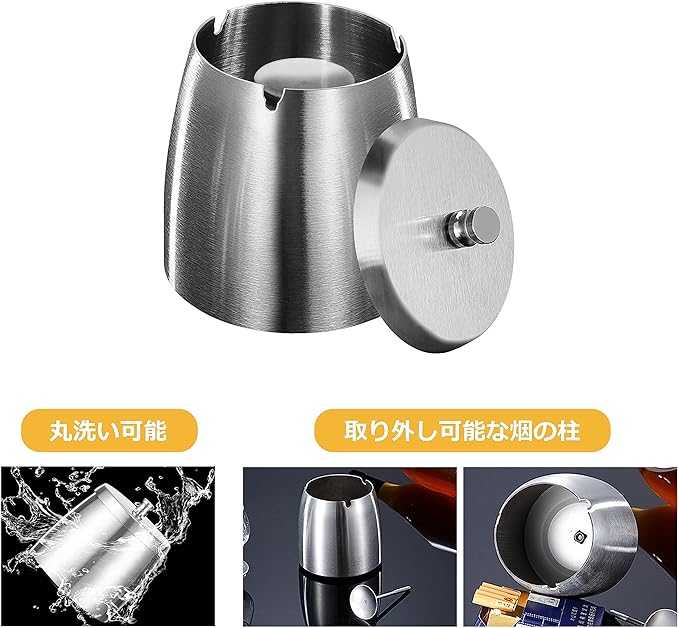 EX-SPACE Ashtray with Lid, Stainless Steel, Large Capacity, Easy to Clean, Windproof, Odor Resistant, Seal, Insulated Pad Included, Outdoor, Silver - NewNest Australia