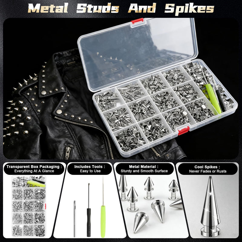 600 PCS Metal Studs and Spikes for Clothing, 8 Size Cone Spikes and Pyramid Studs,Screwback Studs Rivets Punk Accessories Kit for DIY Punk Style Clothes Bags Purse Collar Leather Craft Silver
