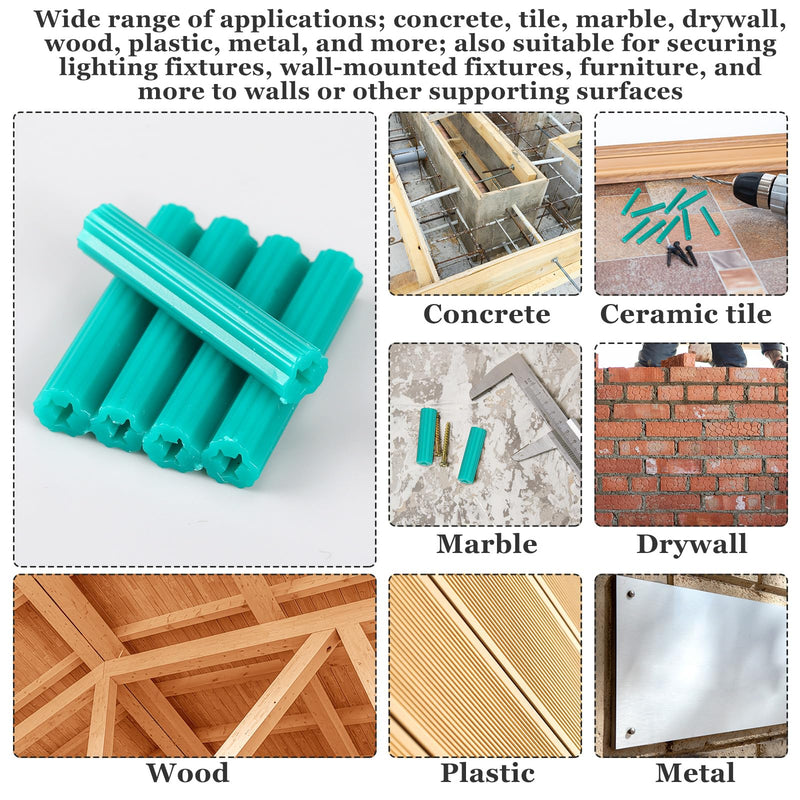 200 Pcs Expanding Plastic Screw Anchors 1/4" Hole Green Plastic Anchors for Concrete Tile Cement Bolt Expansion Tube for #10,11,12 Screws, Fix to Wall Drywall or Other Surface(1") 1"