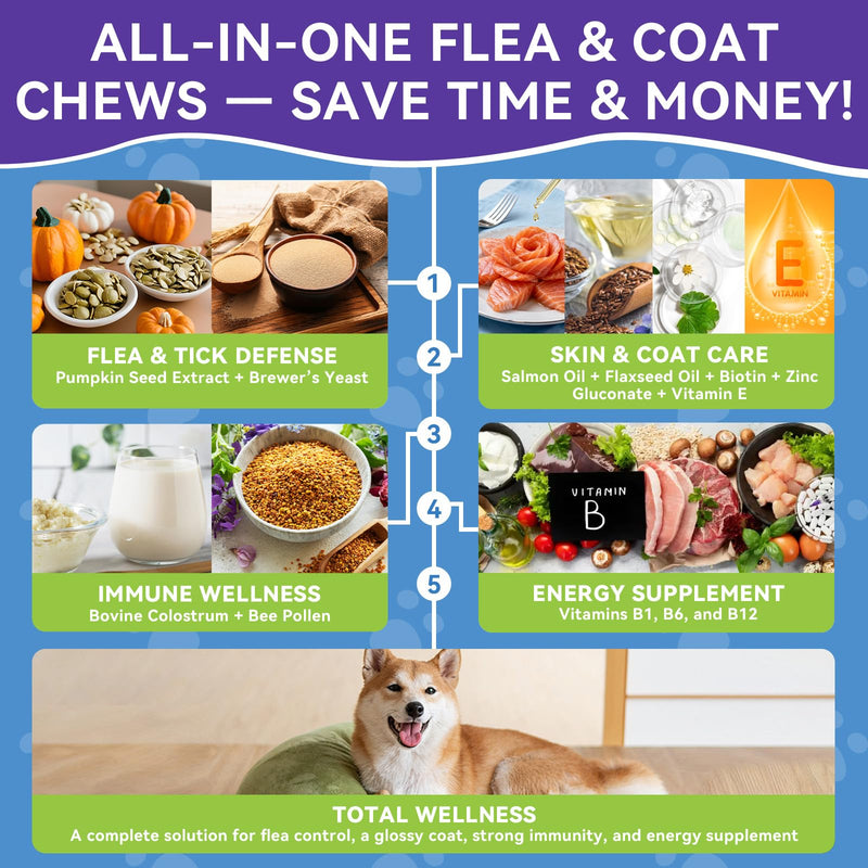 Flea and Tick Prevention for Dogs, Dog Flea Treatment with Skin & Coat Support 500 Crunchy & Krill Chews Dog Flea and Tick Treatment Chewable for Immunity & Energy for All Breeds & Ages Chicken Flavor