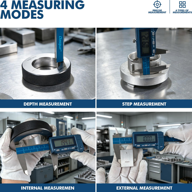 Dasqua 6”/150mm IP67 Absolute Origin Digital Caliper, Stainless Steel, Accuracy ±0.001”/0.02mm, Resolution 0.0005"/0.01mm/1/128, Water/Coolant/Dust Protection, in/mm/Fraction Conversion Blue Case Cover 6"/150mm