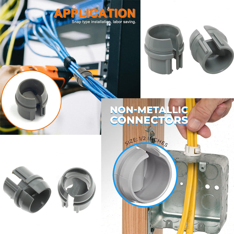 50pcs 1/2 Inch Non-Metallic Cable Connector - Snap Style Installation - Labor Saving, for Confined Areas - Single Cable 14/2-10/3 - Two Cables 14/2, 12/2, 14/3AWG(Gray)