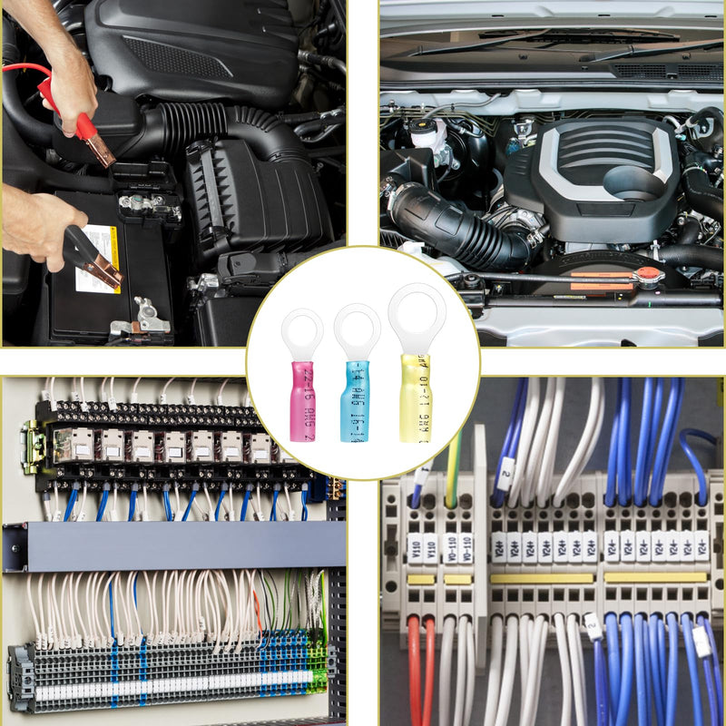50 Pack Heat Shrink Ring Terminals - 1/4" - Yellow 12-10 AWG Marine Grade Heat Shrink Wire Connectors - Tinned Red Copper Eyelet Wire Connectors Ring 1/4" 50