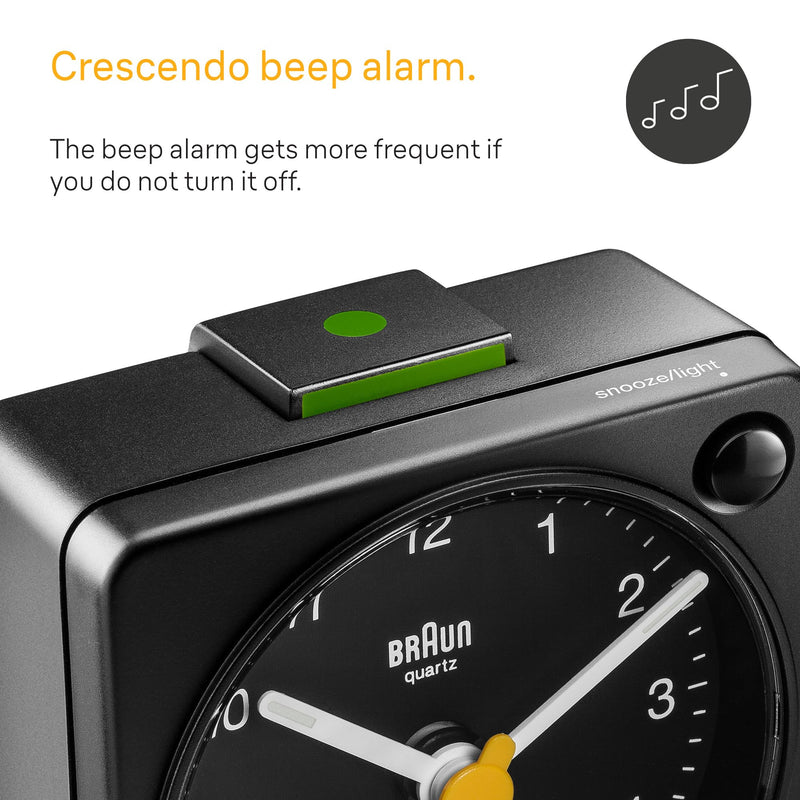 Braun Classic Travel Analogue Alarm Clock with Snooze and Light, Compact Size, Quiet Quartz Movement, Crescendo Beep Alarm in Black, Model BC02XB. 1 Pack
