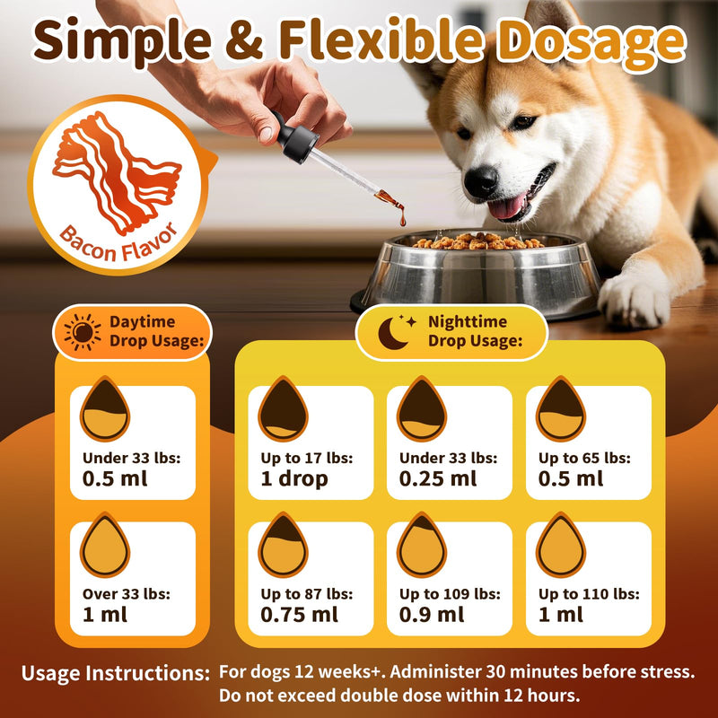 Dog Calming & Melatonin Drops, Day & Night Calm Support Set, Anxiety & Stress Support Calming Treat, Enhance Calmness & Sleep for Separation, Travel, Fireworks & Thunder, Bacon Flavor, 2 FL.Oz Calming & Melatonin Set