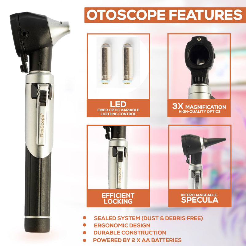 Otoscope with Light - Premium Otoscope Set with Fiber Optic Illumination - Ear Infection Detector - Comprehensive Ear Scope for Examination at Home - Black