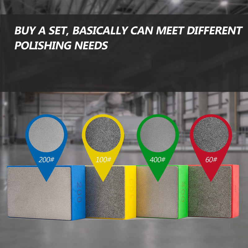 4Pcs Diamond Hand Polishing Pads for Sanding Ceramics Glass Tile Concrete Stone Marble Granite, 60#, 100#,200#,400# (Plane) Plane