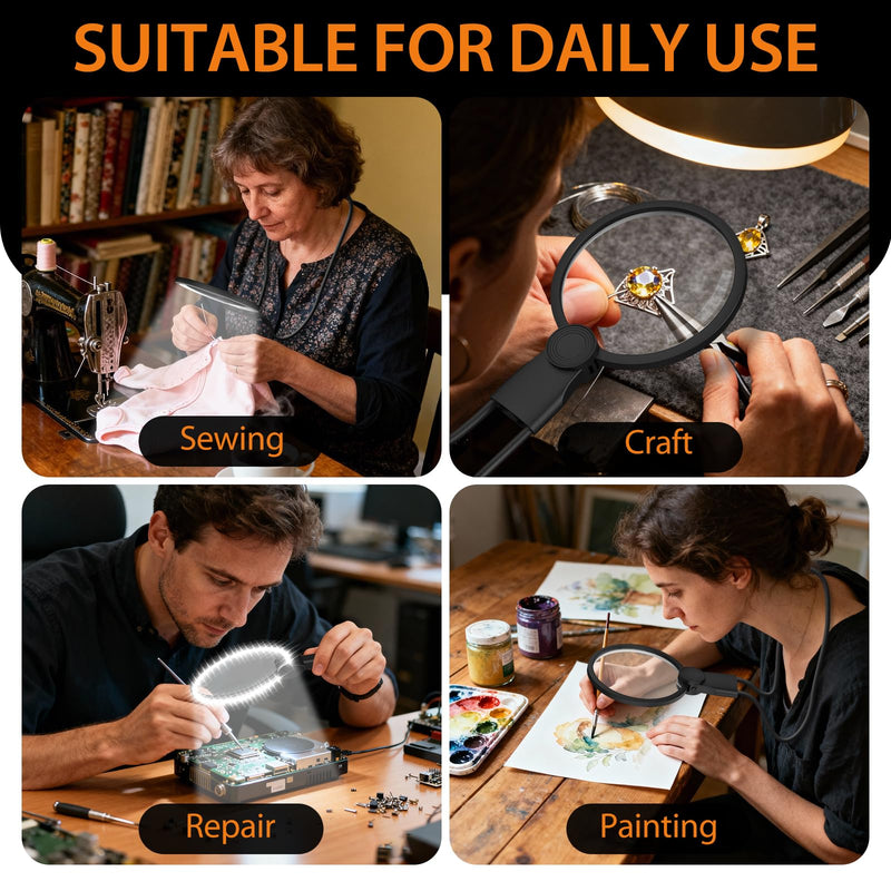 Hands-Free Magnifying Glass with Light, 5X Neck Magnifier for Close Work, Reading Small Print, Cross Stitch, Sewing & Crafts, Rechargeable Lighted Magnifier, Vision Aid for Seniors & Low Vision