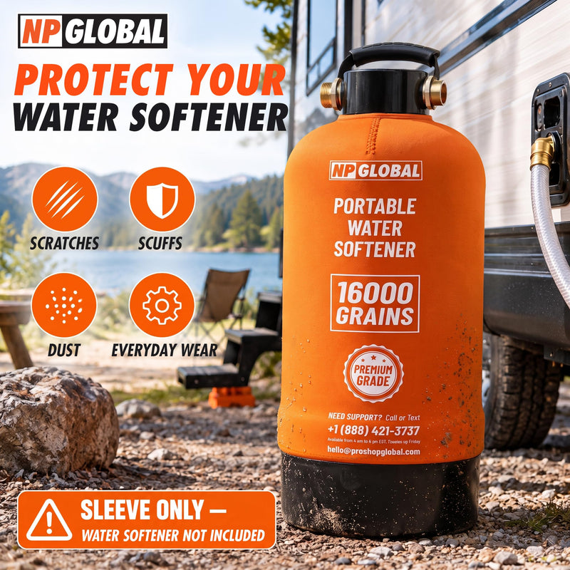 RV Water Softener Portable - 16,000 Grain, 3/4" GHT Fittings, Convenient Water Softener for RVs, Trailers, Boats, Mobile Car Washing, Pressure Washing Cover Orange Neoprene Cover