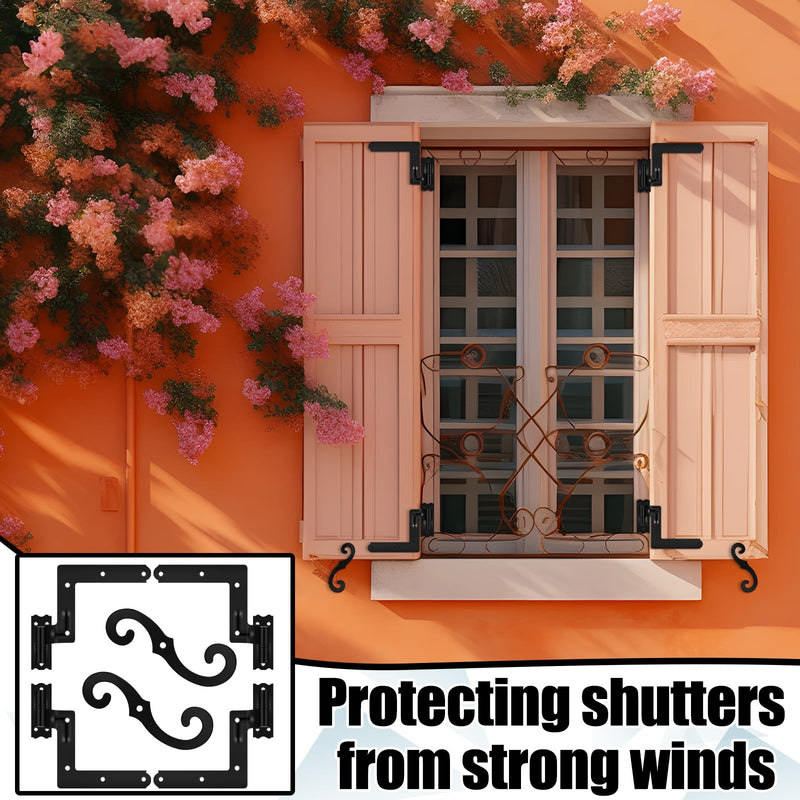 Moxweyeni 4 Pack (2 Pair) Steel Blind Shutter Hinges 1-1/16" with S Holdback Hook for Exterior Shutters Window Kit Steel with Black Powder Coating Lift Off Pintle Reversible Hinges Heavy Duty Door 6