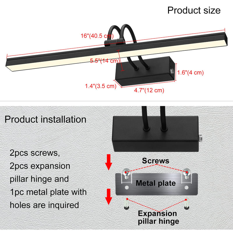 FUNCHDAY Picture Light, Wireless Rechargeable Gallery Light with Remote, 280LM Dimmable Painting Art Lighting Battery Operated, 16" Metal Picture Lights for Wall Art,Paintings,Mirror (Black) Black 16 Inches