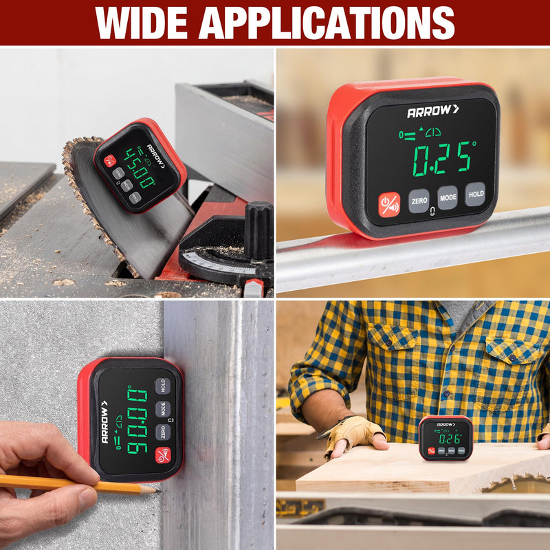 ARROW Digital Angle Gauge with Magnetic Base for Table Saw, Woodworking, Pipe Installation, ±0.1° Accuracy Angle Finder with Calibration, Dual Range, Auto-Rotating LCD Display with Audible Indicator