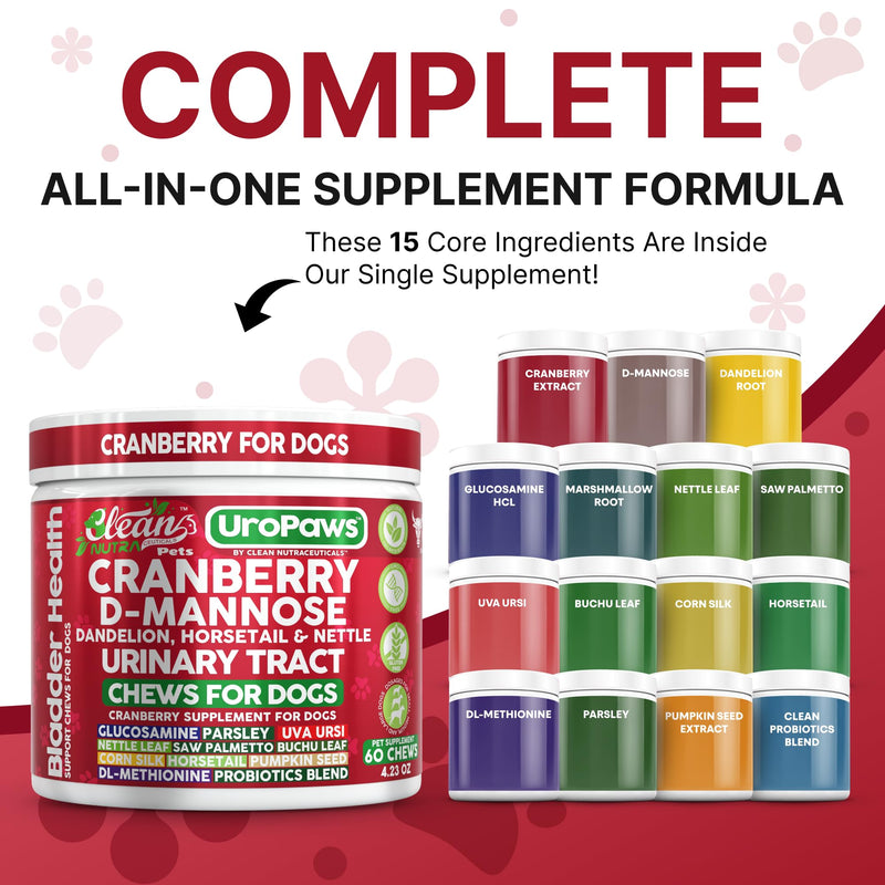 Dog UTI Treatment | Cranberry for Dogs | Urinary Tract Bladder Control | D-Mannose Dandelion Glucosamine HCL Marshmallow Nettle Leaf Saw Palmetto Uva Ursi Horsetail Beef Flavor by Clean Nutra Pets