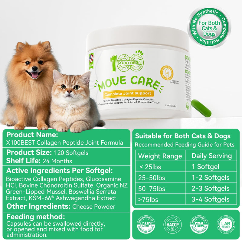 Hip & Joint Supplement for Dogs & Cats - Bioactive Collagen,Glucosamine, Chondroitin & NZ Green Lipped Mussel - 120 Capsules for Joint, Bone, Ligament, Paw & Spinal Health