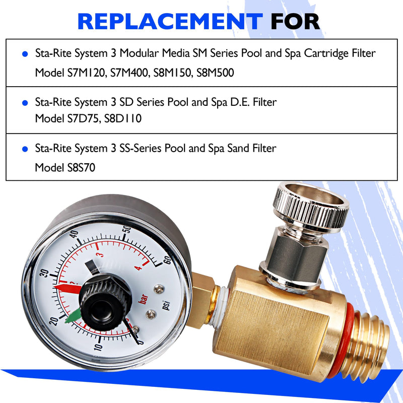 24850-0105 Brass Air Relief Valve and Pressure Gauge Assembly Fit for Sta-Rite System 3 Pool & Spa Cartridge Filters - Durable Brass Valve & Dial Gauge for SM, SD, SS Series Models - Easy to Install