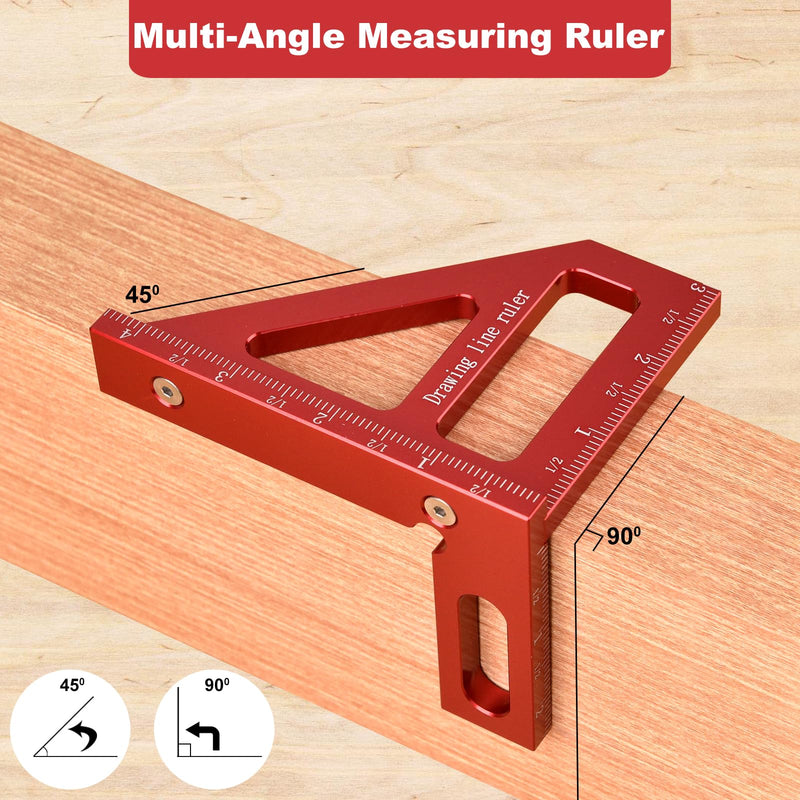 Aleric Imperial 3D Multi Angle Measuring Ruler, High Precision 45/90 Degree Woodworking Square Protractor Aluminum Alloy Miter Triangle Ruler Measuring Tools for Engineer Carpenters, Wood Working Tool red