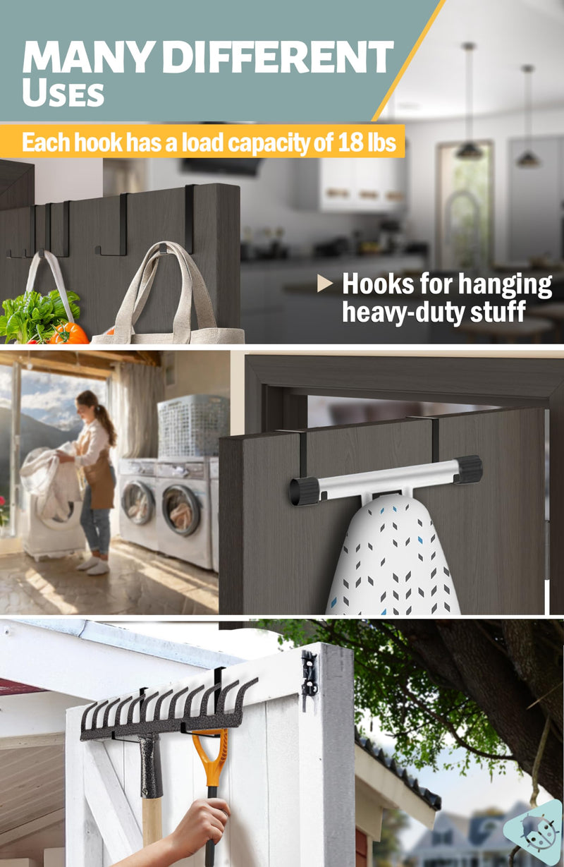 Menz Over The Door Hooks 10 Pack, 2-Sided Fits 1 3/8" & 1 3/4" Coat Hanger, Black Towel Holder w/Anti-Scratch Pads, Wreath Hanger w/Removable Sticky Non-Slip Dots, Thin Enough for Doors to Close 10pack fits 1 3/8" to 1 3/4"