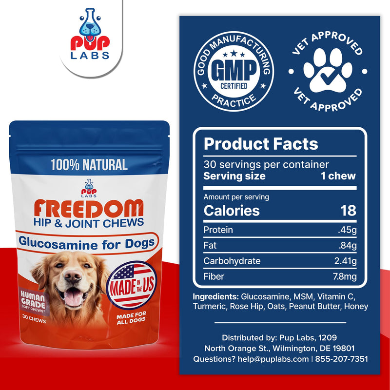 Pup Labs Freedom Joint Chews, Dog Glucosamine Packed with Super Nutrients, Delicious Hip and Joint Chews for Dogs, Pain Relief for Dog Joints to Keep Your Pup Happy and Active, Made in USA, 2-Pack