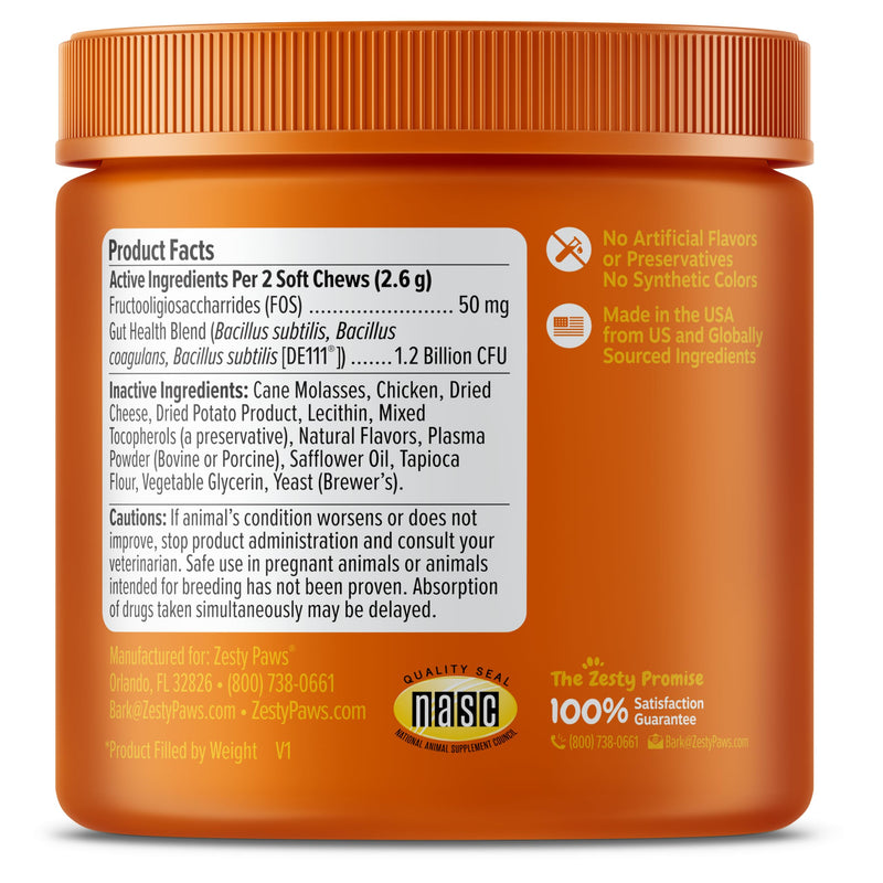 Zesty Paws Probiotic Bites for Cats - Gut Flora & Immune System Support - Cat Supplement with DE111 Bacillus subtilis - Pet Soft Chews with Probiotics & Prebiotics for Digestive Health - 60 Count Cat - Chicken