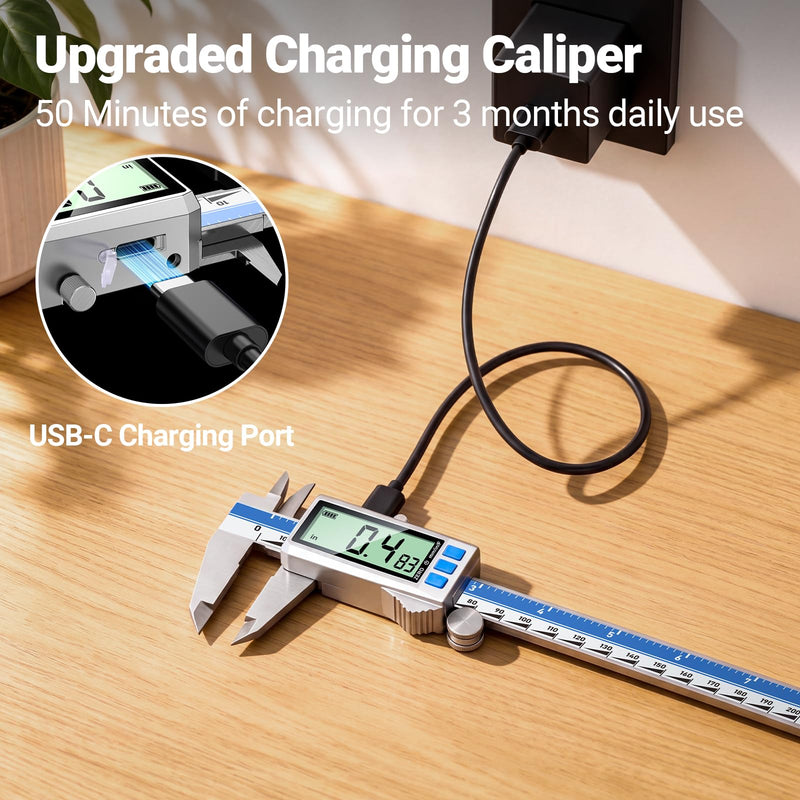 Preciva Digital Caliper 8 Inch, Rechargeable Stainless Steel Vernier Caliper with Large Display, Auto Off, Precision Inch/mm/Fraction Measuring Tool for DIY/Household/Woodworking
