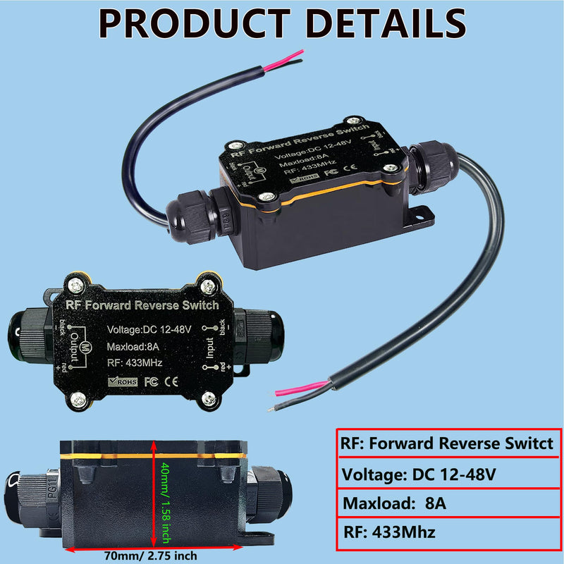 Forward and Reverse Remote Control Switch,DC 12V to 48V 8A Waterproof Remote Control Switch,Linear Actuator 12V Wireless Switch,Up to 165 Feet Control Range,for Shutter Doors,Winch Electromagnetic 12-48V DC