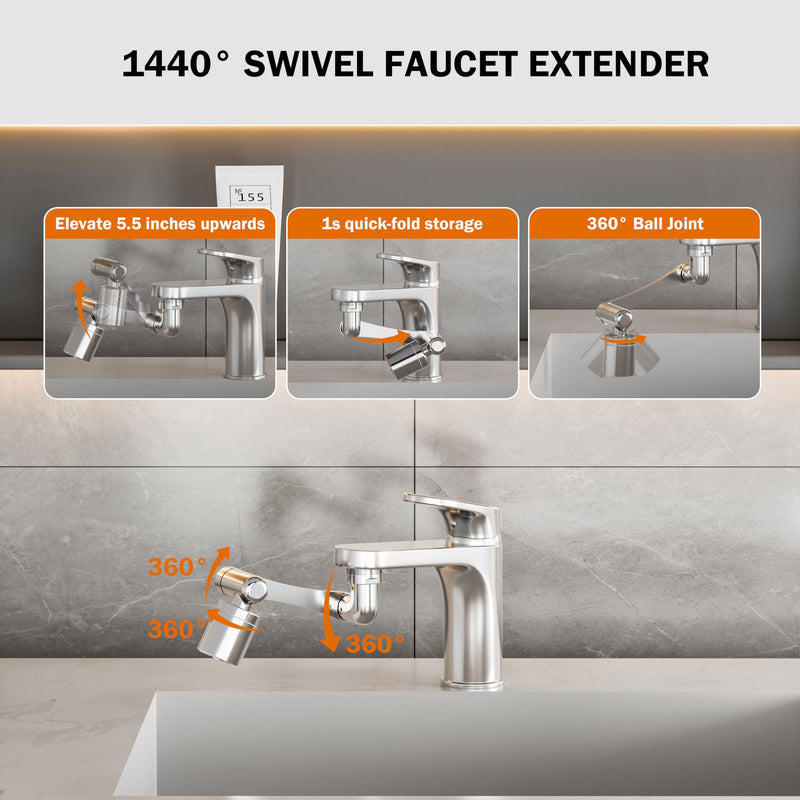 Frizzlife 1440° Swivel Faucet Extender Sink Aerator, 3-Mode Sprayer Water Filter Extension, 1080° Robotic Arm + 360° Rotating Universal Tap Attachment For Bathroom/Kitchen ＆ Washing Hair/Face/Kids Use FD1440