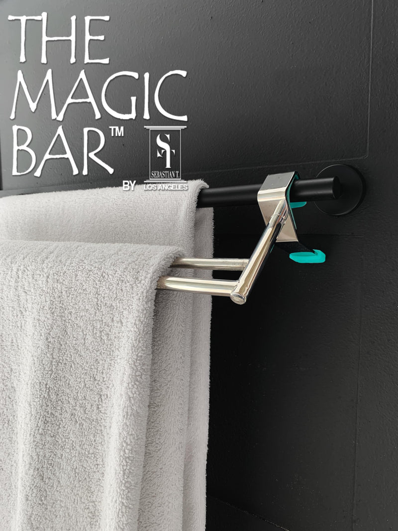 Bathroom Towel Bar Extender, The Magic Bar, Doubles Your Towel Space Fits Almost Any Towel Bar or Shower Walls, Faster Drying, No Tools Required, Expands from 14.5 to 25.5 Inches, Chrome (Double) Double Bar