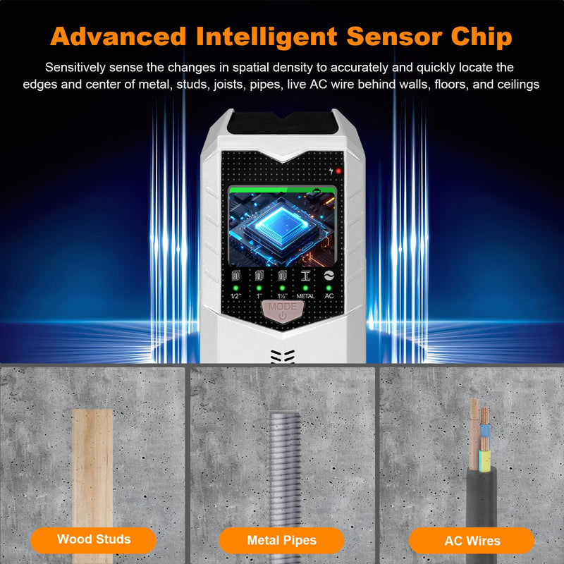 Stud Finder Wall Scanner, 5 in 1 Stud Detector with Smart Microprocessor Chip and HD LCD Display, Beam Finders for Center and Edge of Wood, AC Wire, Joist, Metal and Pipe, Tool Gift, Silver