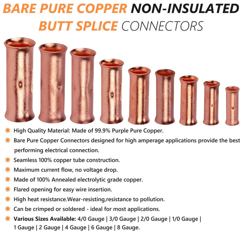 SVAAR 4 Gauge Butt Splice Connectors 20 PCS 4 AWG Non-Insulated Butt Connectors,Bare Pure Copper Butt Splice Wire Connector,Heavy Duty Uninsulated Crimp Butt Terminals + 20 PCS 3:1 Heat Shrink Tube 4 Gauge (4 AWG)