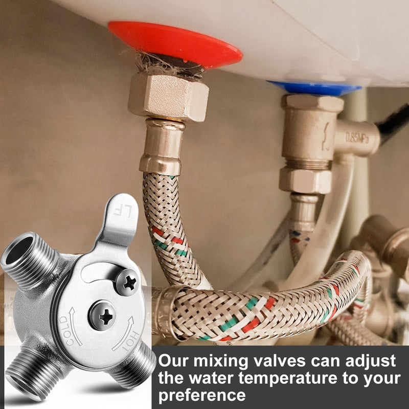 Yaocom 2 Pcs 3/8" Hot and Cold Water Mixing Valve with Braided Faucet Hoses 3/8 Inch