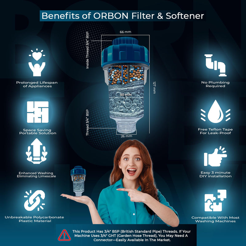 Washing Machine Water Filter & Softener | Inline Hard Water Filter with Crystal Resin & Tourmaline Balls | Hose Filter for Washing Machines | 100% Leakproof Design (Only for Washing Machines)