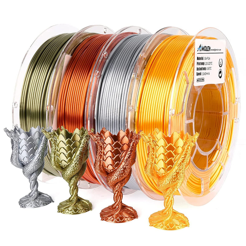 AMOLEN Silk 3D Printer Filament Bundle, PLA Filament 1.75mm Pack, Shiny 3D Printing Filament, 200g X 8