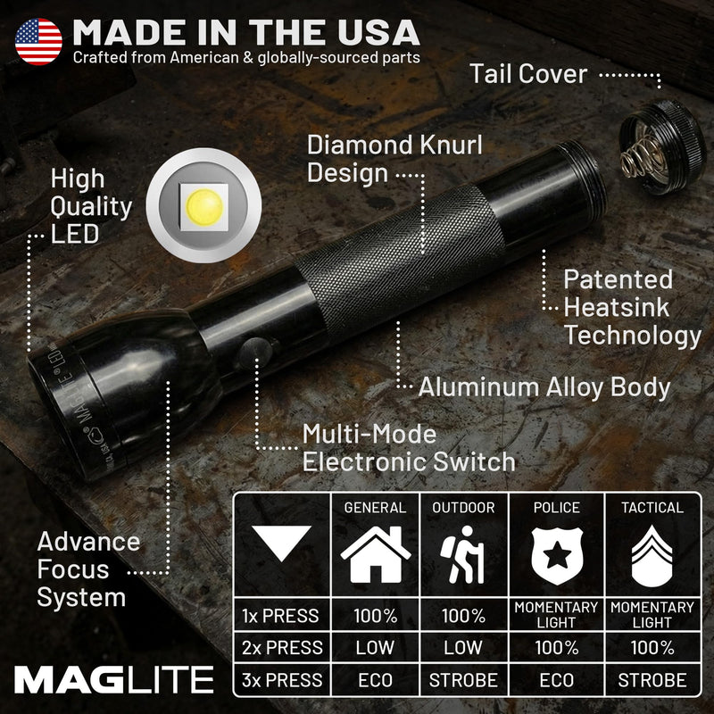 MagLite ML300L LED 4-Cell D Flashlight, Adjustable Focus, Long Battery Life, Water-Resistant, Tactical and Emergency Use – Black