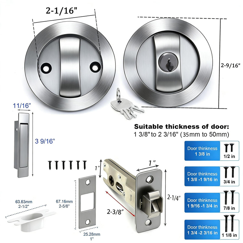 Dontay Pocket Door Key Lock with Edge Pull Handle,2 3/8" Backset,Stainless Steel Recessed 2 Sided,Hardware for 1 3/8" to 2 3/16" Sliding Door&Bathroom Doors (Brushed Nickel, Round - 1 Set) Brushed Nickel