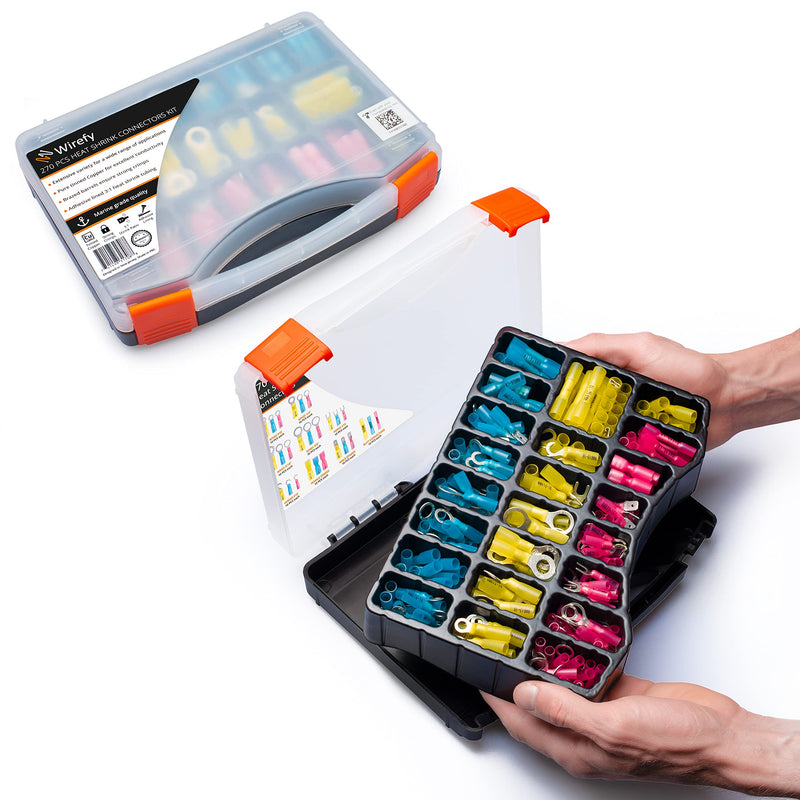 Wirefy Heat Shrink Wire Connectors Kit - a Resistant Electrical Connectors - Automotive Butt Connectors - Insulated Ring, Spade, Fork, Hook Crimp Terminals - 22-10 Gauge - 270 PCS 270 pieces kit