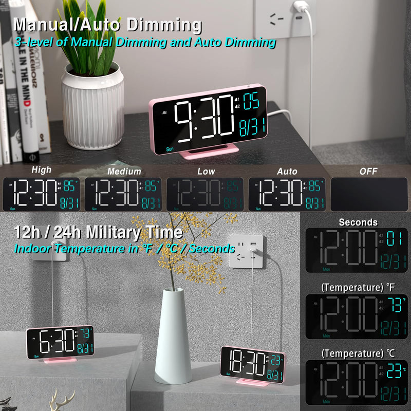 KOSUMOSU Clock for Bedroom, 6.7in Digital Alarm Clock, Auto Dimming, Room Temperature, Day of The Week, Seconds, Date, Alarm Clocks for Bedrooms, Digital Clocks for Living Room Pink (White + Blue Digits)