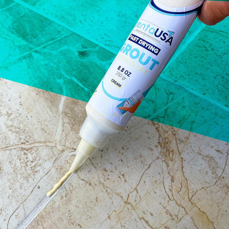 PentaUSA Tile Grout Repair Kit - Cream Grout Filler, Triple Protection, Fast Drying Formula Restores and Renews Grout Lines with Grout Float (Cream, 8.8oz / 250gr)