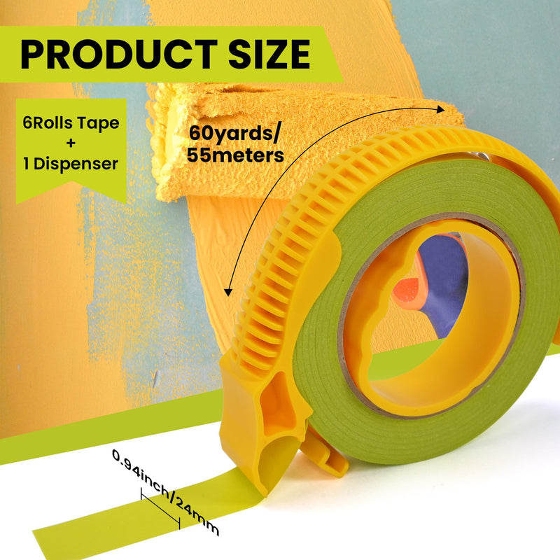 TAPEBEAR Green Painters Tape with Dispenser 21-Days Clean Removal 6Rolls 6