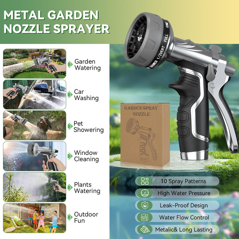 Garden Hose Nozzle, Heavy Duty Metal Water Hose Nozzle with 8 Adjustable Spray Patterns, High Pressure Hand Sprayer with Flow Control for for Garden Watering, Car & Pet Washing Black