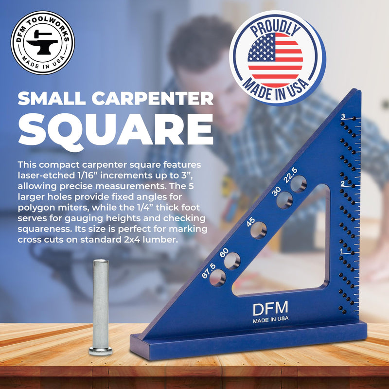 DFM Small Carpenters Work Tools w/Fixed Miter Angle Pin - Precision Woodworking - 3.5" x 3.75" Size for Pocket 1/16" Scribe Holes 5 x 1/4" Pin Holes - Made in USA - English Blue English - Blue