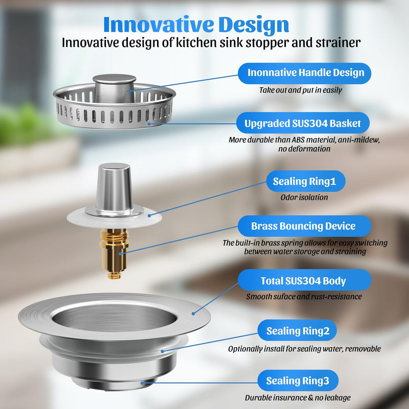 Kitchen Sink Drain Strainer - 2-Pack 3-in-1 Stainless Steel Kitchen Sink Stopper Pop-Up Sink Drain Strainer Basket Kitchen Sink Strainer Stopper Filter for US Standard 3-1/2 Inch Drain Silver-2pack