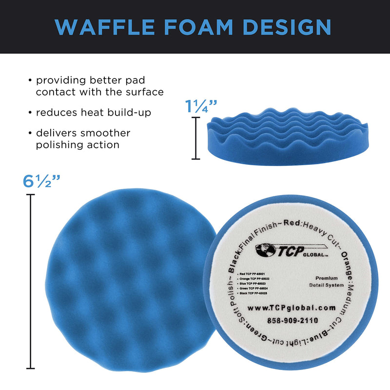 TCP Global 6.5 Inch Buffing Pads Set - 5 Waffle Foam Buffer Pads & 1 Wool Pad for Orbital Buffers, DA Polish Pad for Paint Correction, Polishing Kit for Auto & Boat Gelcoat Detailing