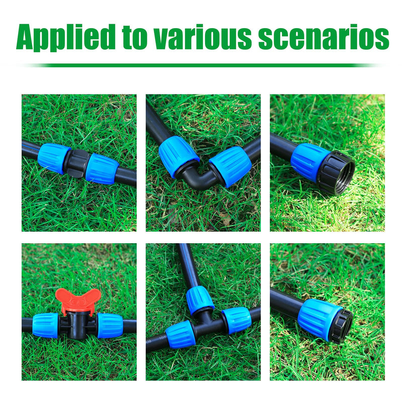 24 PCS Drip Irrigation Fittings Kit Blue Lock Barbed Connectors For 1/2 Inch 16MM Tubing (OD 0.620 in.ID is 0.520. in), 5 Tees,5 Straight,2 Switch Valves,5 End Cap,5 Elbows,2 Adapter 1/2 inch Fittings Kit