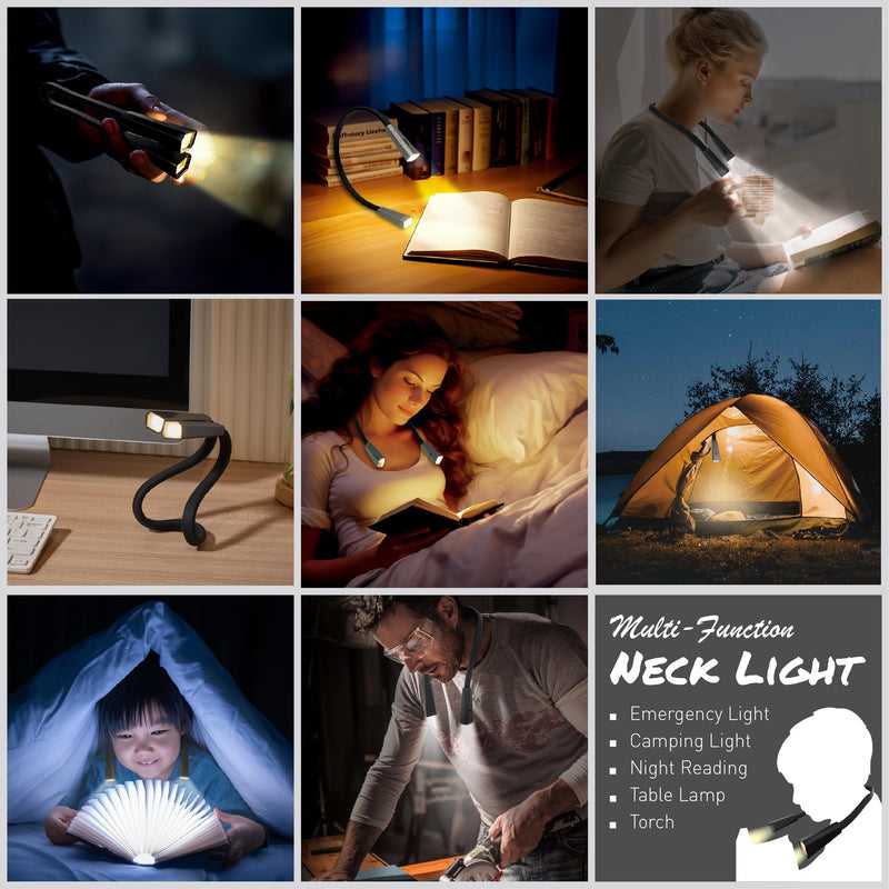 Silver LED Neck Rechargeable Reading Light, Multifuntion Book Light for Reading in Bed and Camping, 4 Brightness Levels, Bendable Arms, Super Soft Materials Made Comfort & Lightweight Silver