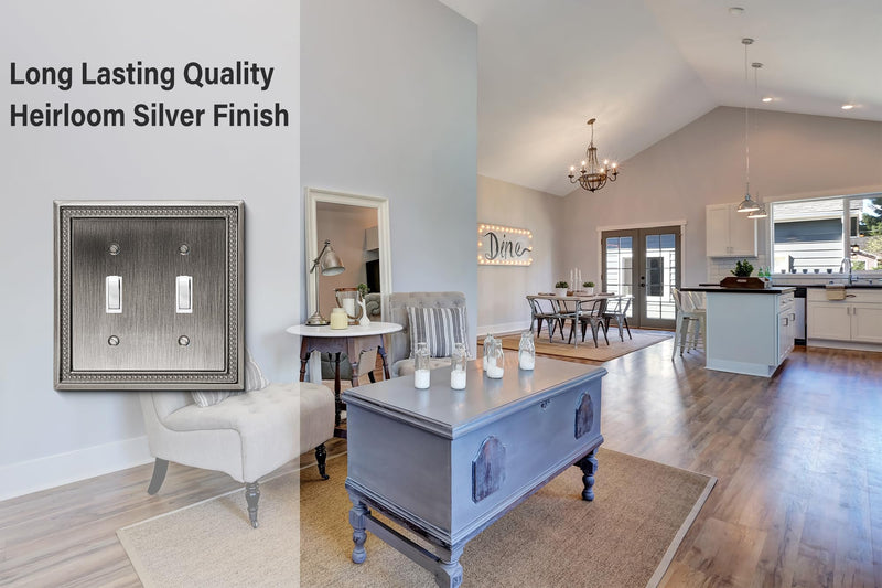 Henne Bery Sunken Pearls Decorative Wall Plate Switch Plate Outlet Cover (Double Toggle, Heirloom Silver) Double Toggle