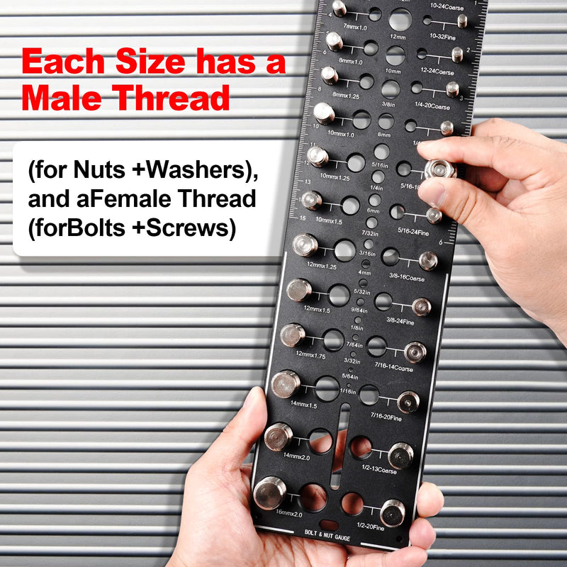 Thread Checker, 32 Nut and Bolt Thread Checker, Bolt Size and Thread Gauge 16Standard & 16 Metric, Bolt Size Finder, Wall-Mountable Bolt Thread Identifier Gauge with Inch & CM Ruler