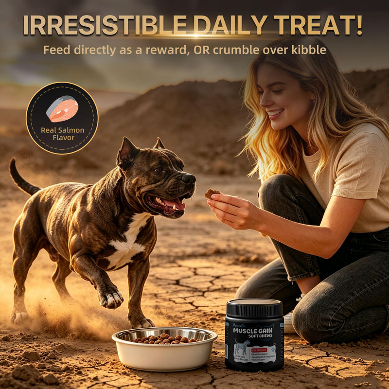 High Calorie Dog Muscle Builder Chews for Underweight Breeds, 100 Ct | For skinny and active dogs, stops bowl refusal, 800mg whey protein per serving, garbanzo flour for stable digestion